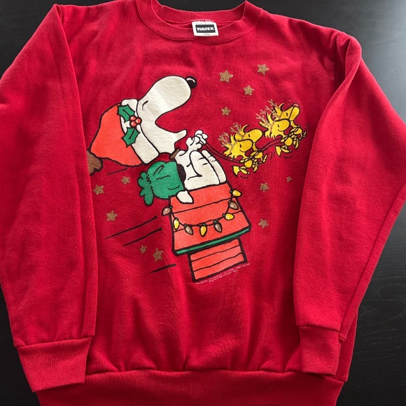 Vintage 80s 90s Womens Tultex Peanuts Snoopy Christmas Sweatshirt Large - Picture 1 of 7